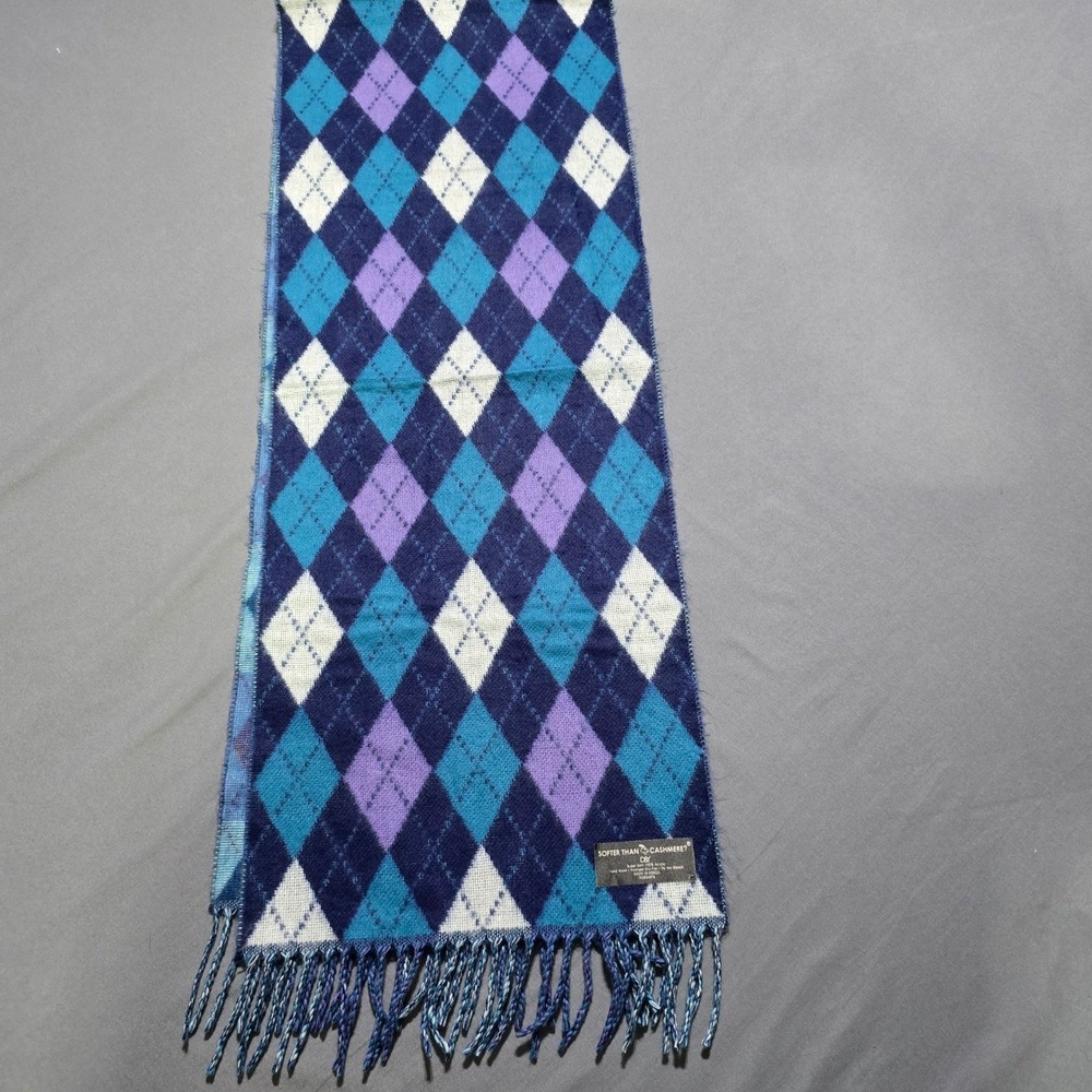 D&Y Scarf Women Blue Purple Argyle Plaid Softer Than Cashmere Fringe Preppy